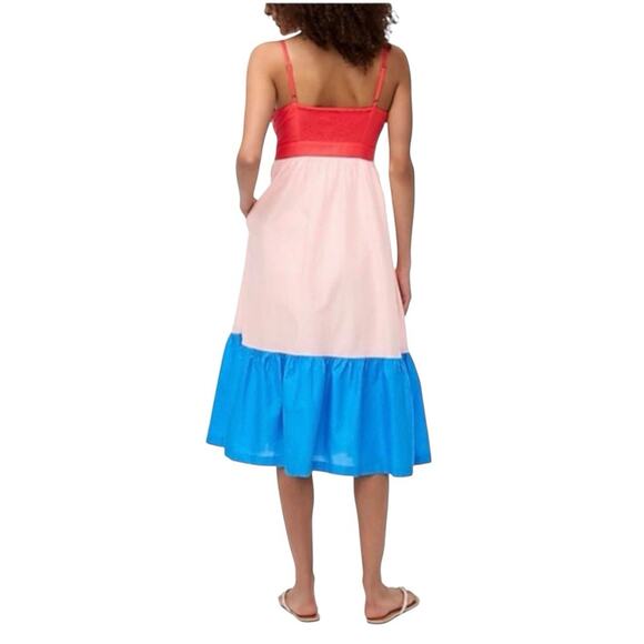J. Crew Colorblock Tie Front Cut Out Tiered Maxi Dress Womens 10 Red Pink Blue - Picture 2 of 15